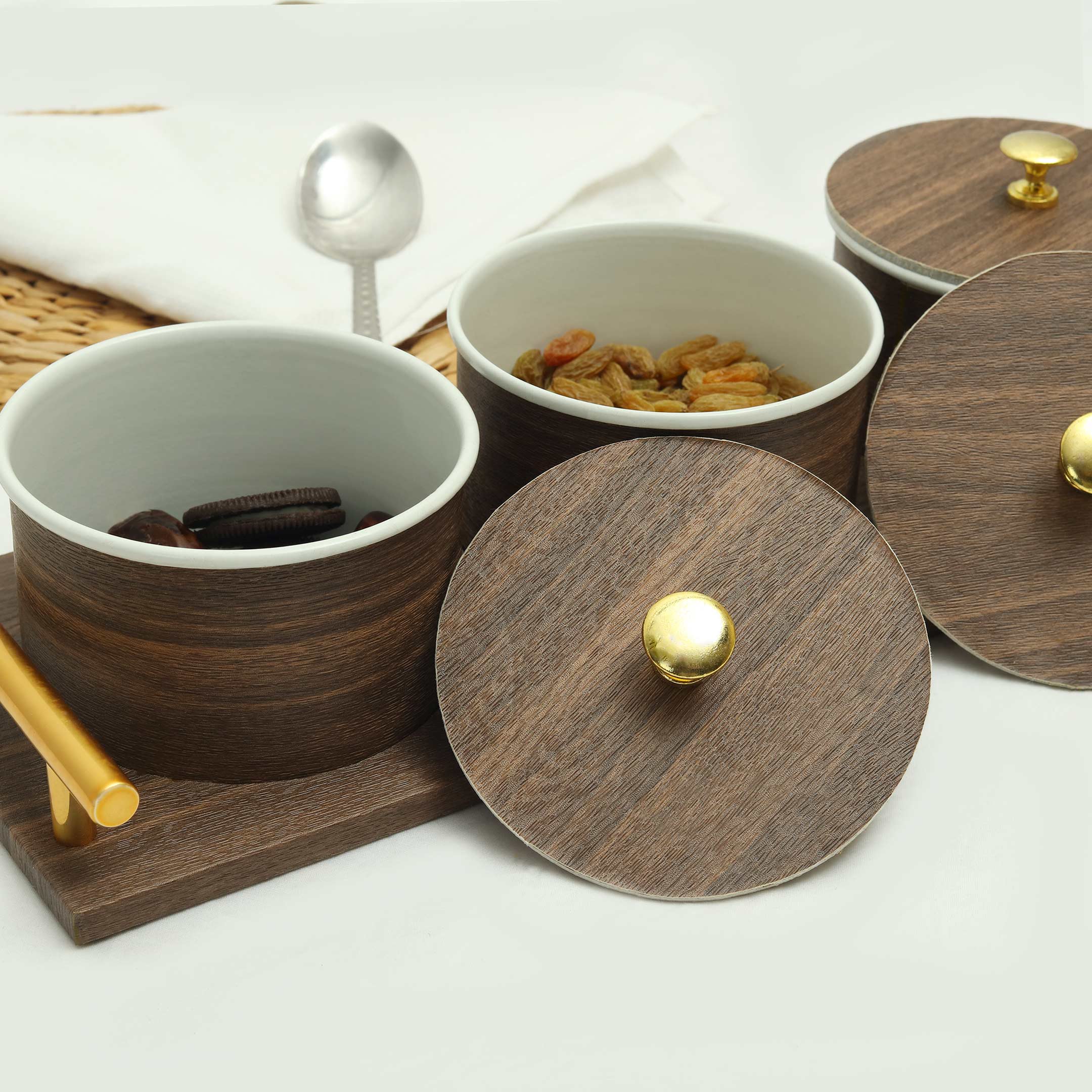 3 Compartment Leathered Wood Serving Tray