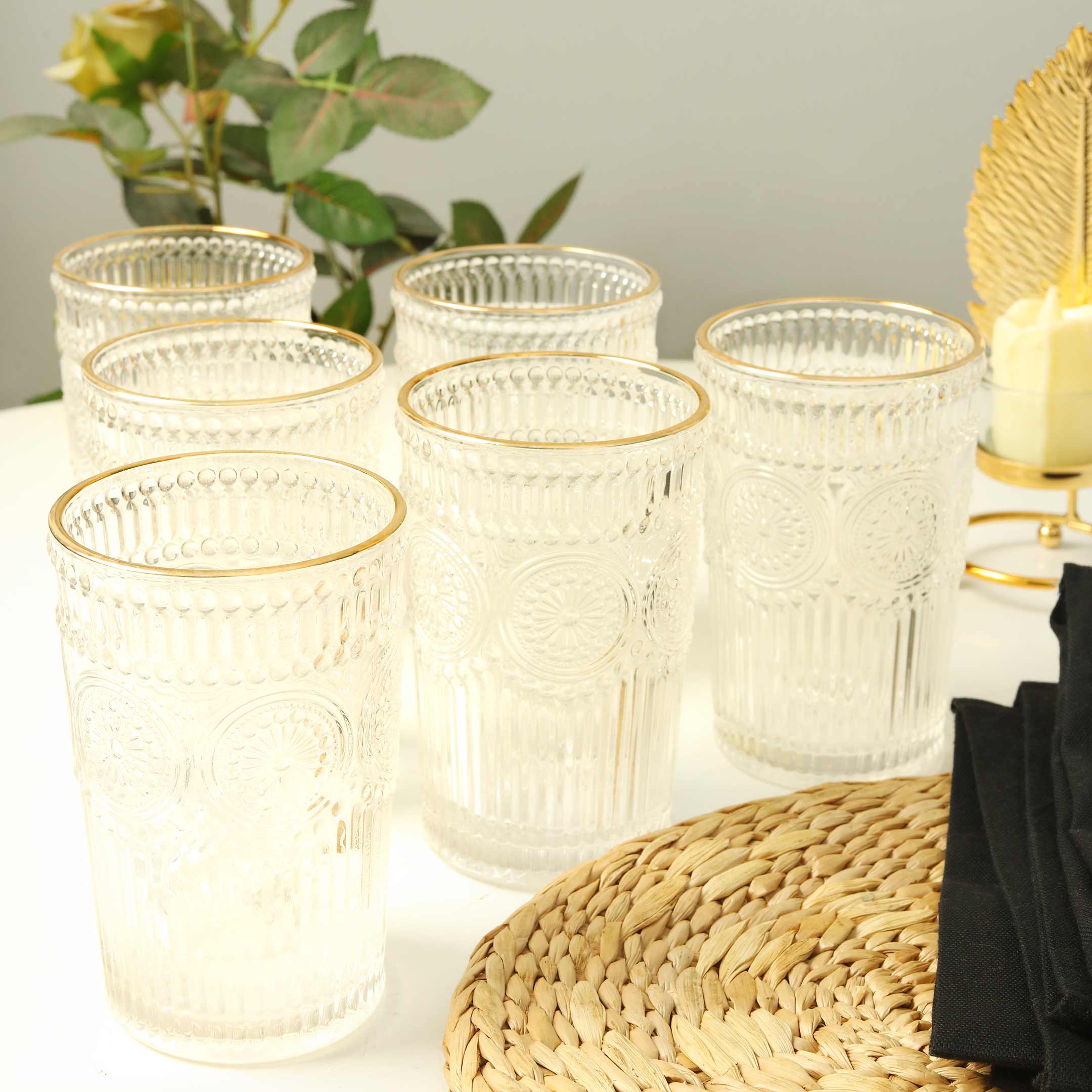 Gold Rimmed Embossed Floral Drinking Glass