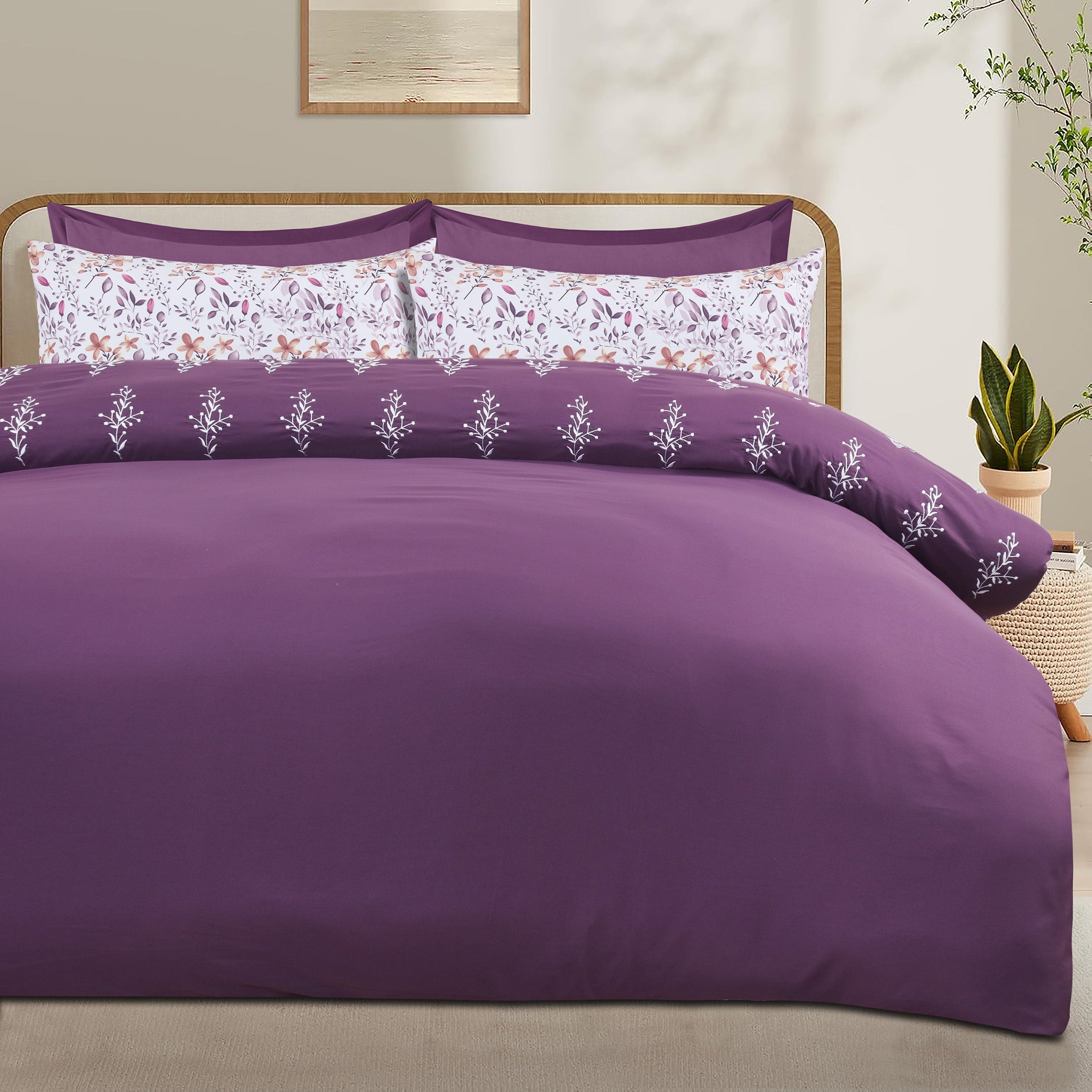 Plum Florals Embroidered Duvet Cover Set