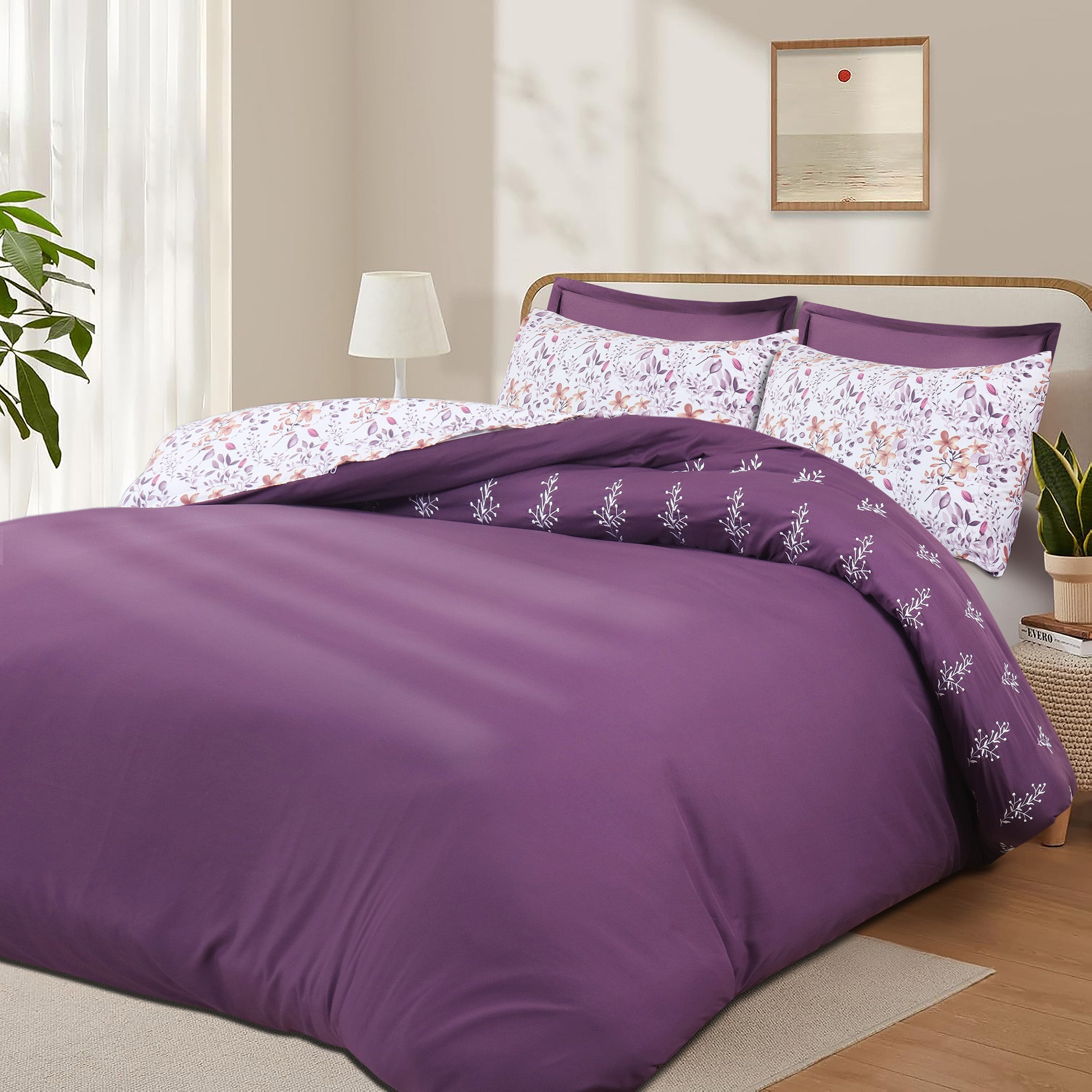 Plum Florals Embroidered Duvet Cover Set