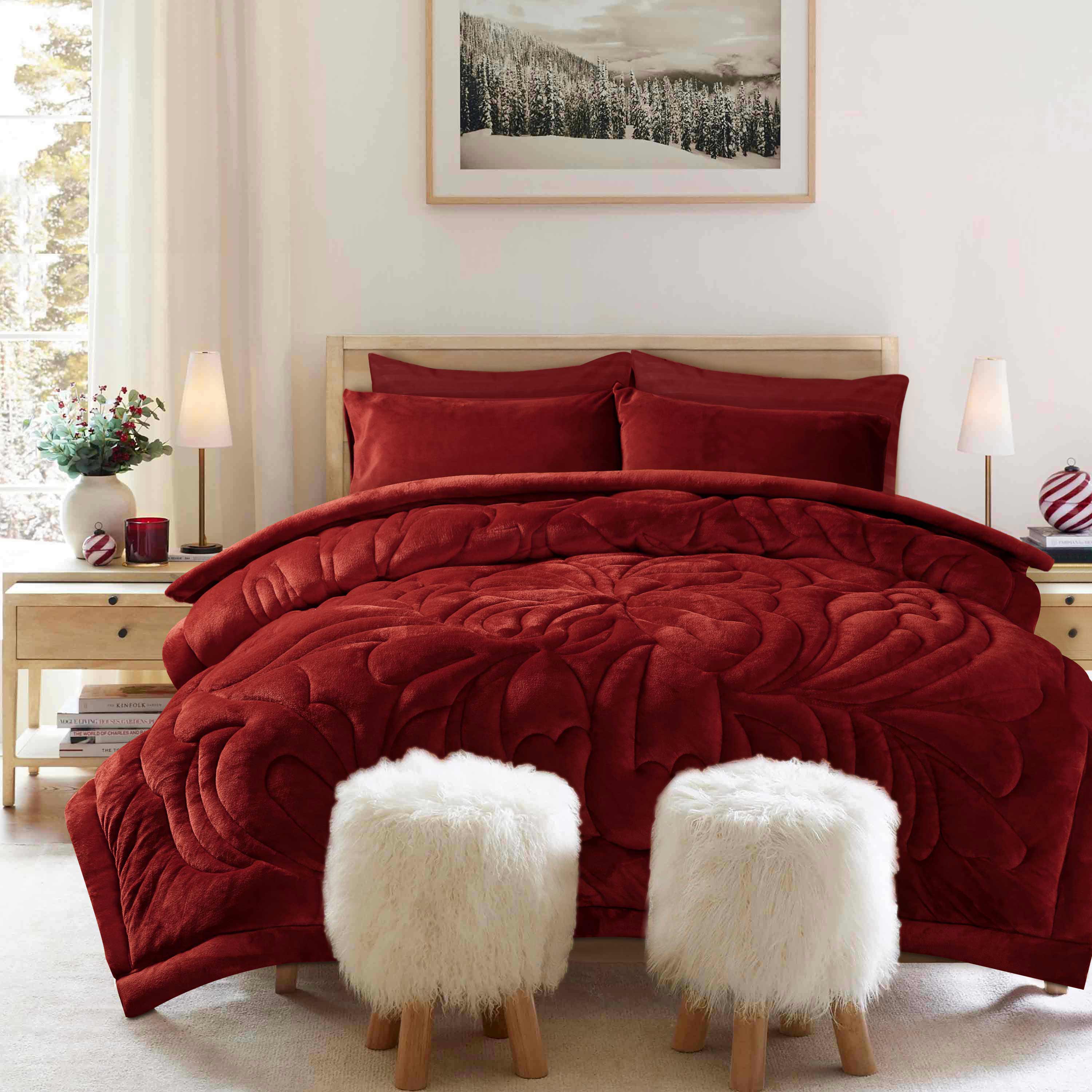 Diamond Puff Quilted 6pc Set Burgundy