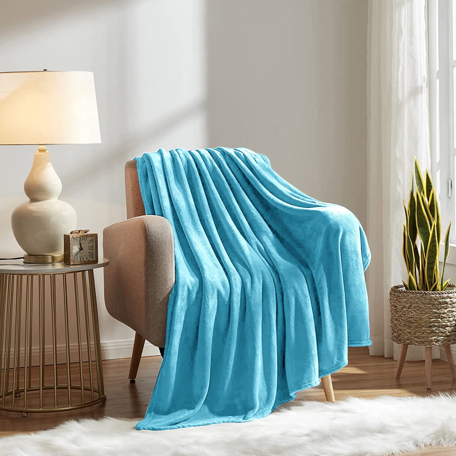 Fluffy Mink Fleece Throw Winter Blanket- Sky Blue