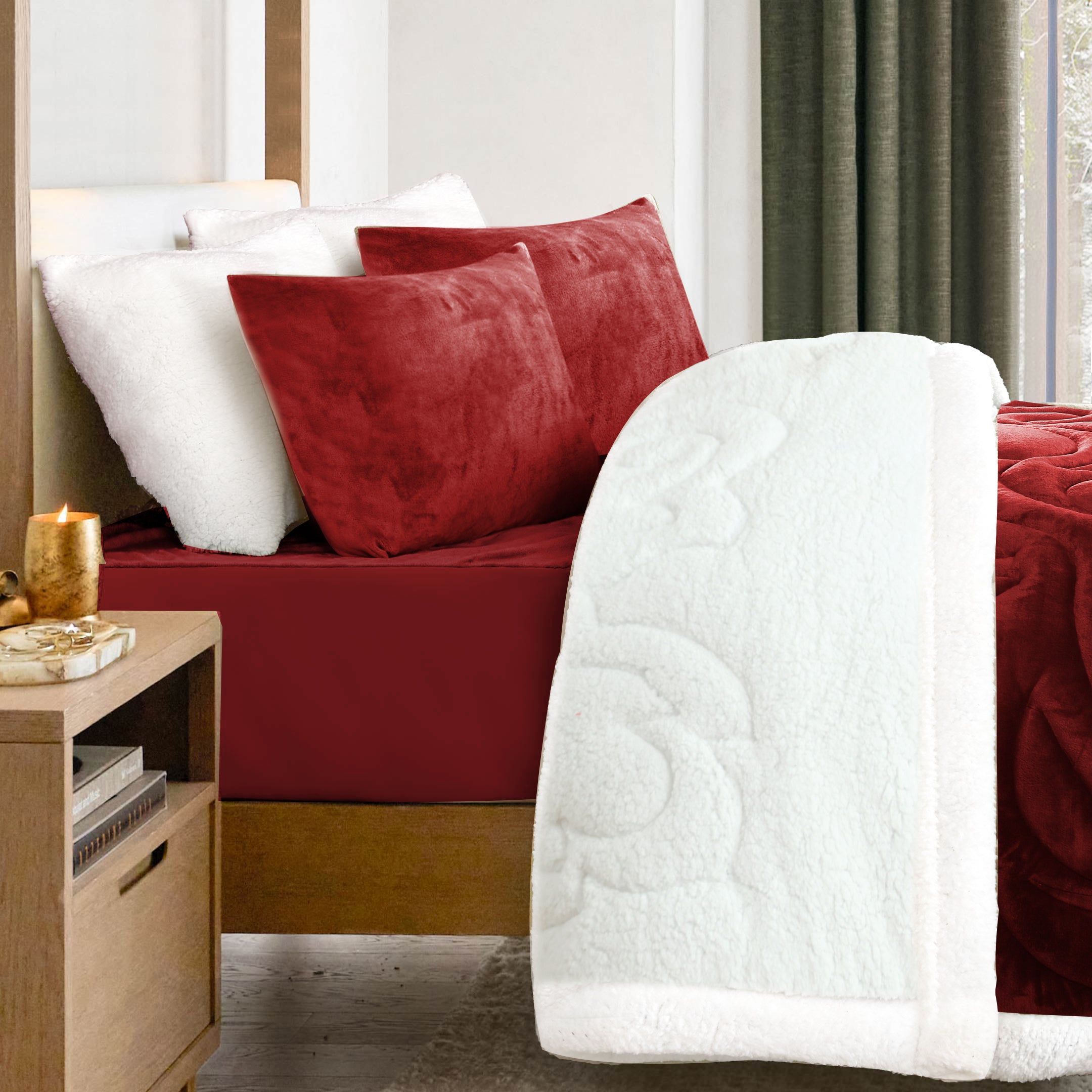 Heavy Weighted Fleece & Sherpa 6pcs Bedding Set - Burgundy