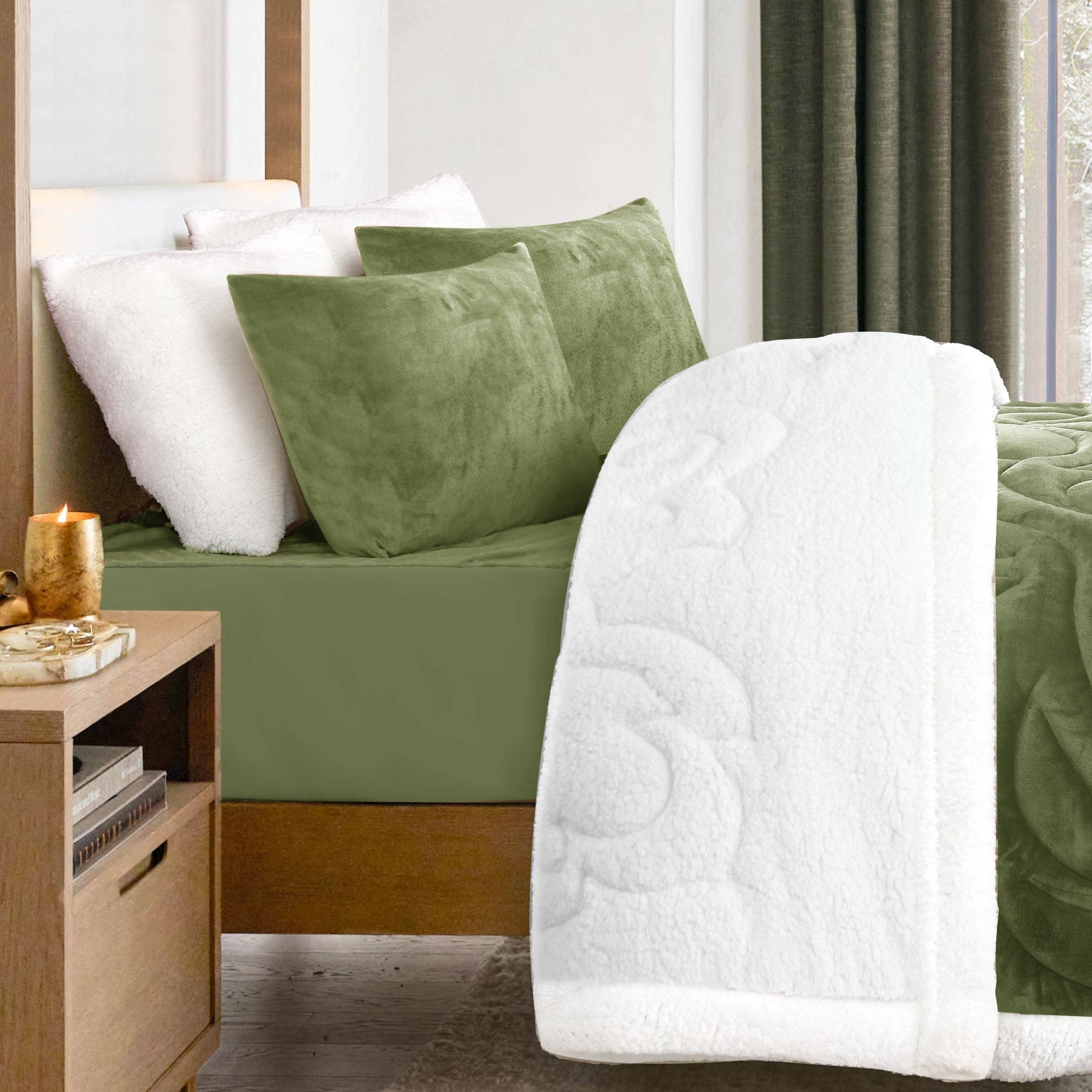 Heavy Weighted Fleece & Sherpa 6pcs Bedding Set - Sage