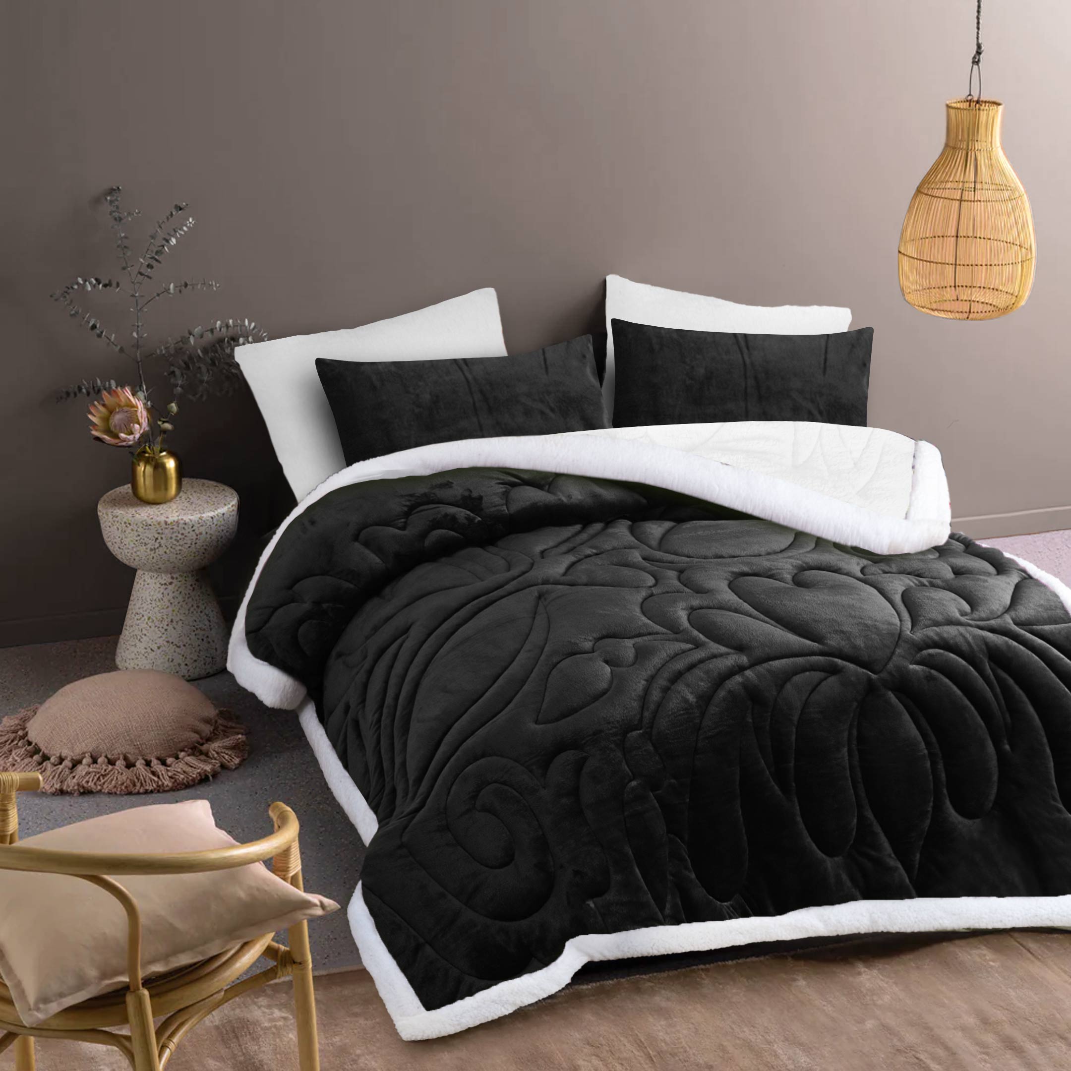 Heavy Weighted Fleece & Sherpa 6pcs Bedding Set - Charcoal Black