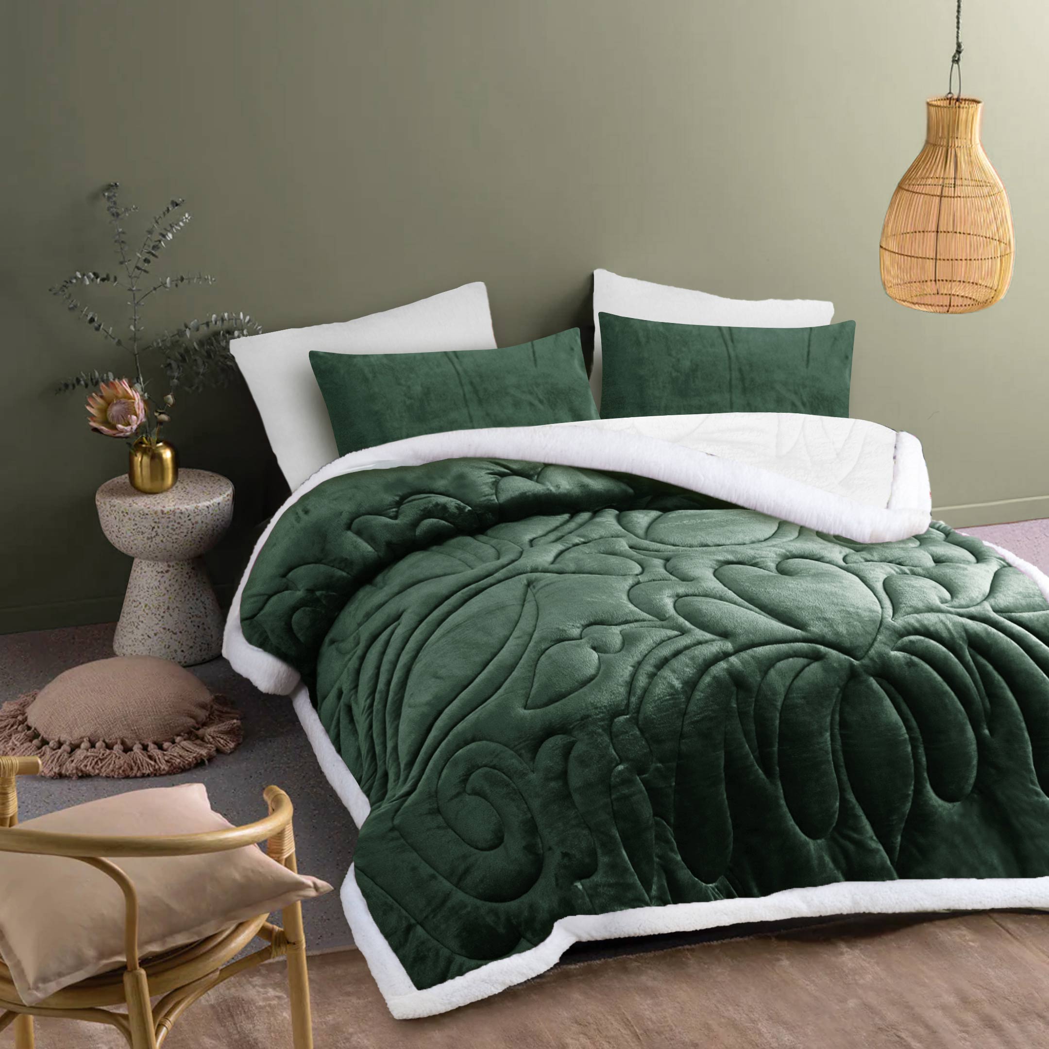 Heavy Weighted Fleece & Sherpa 6pcs Bedding Set - Emerald Green