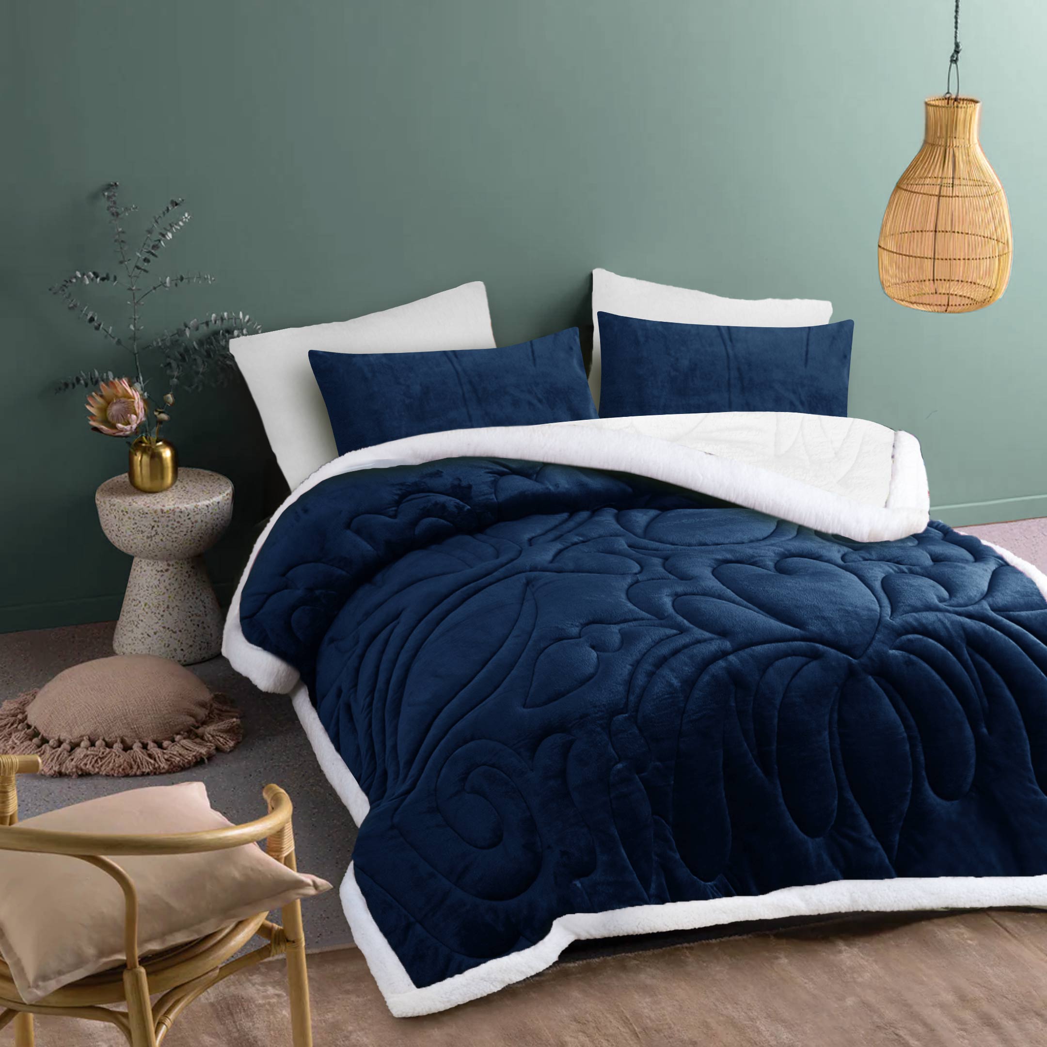 Heavy Weighted Fleece & Sherpa 6pcs Bedding Set - Navy