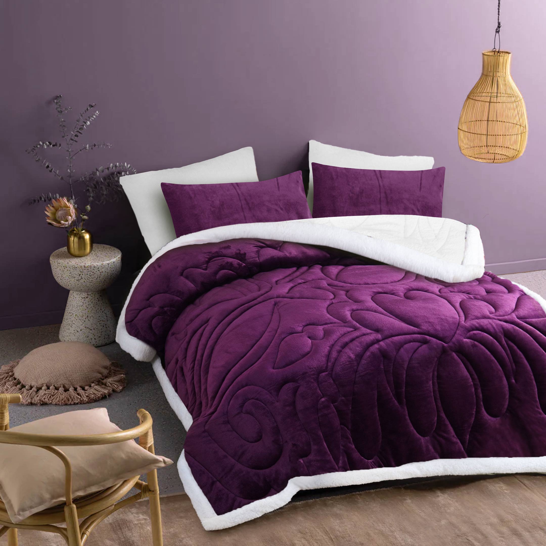 Heavy Weighted Fleece & Sherpa 6pcs Bedding Set - Plum