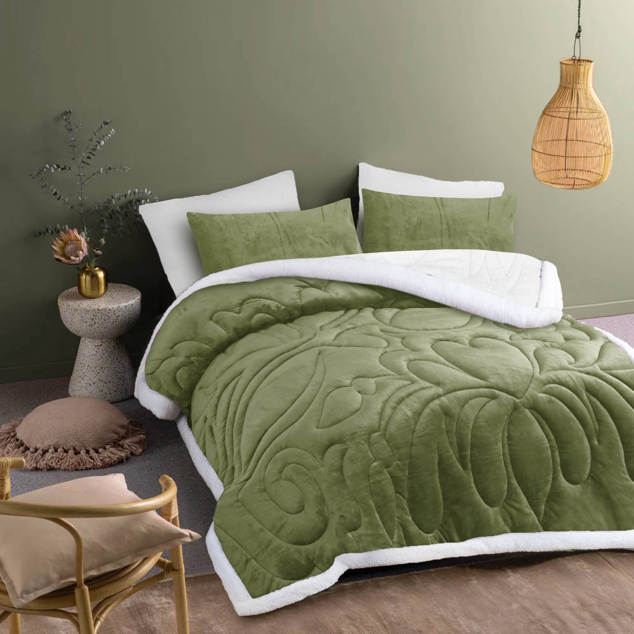 Heavy Weighted Fleece & Sherpa 6pcs Bedding Set - Sage