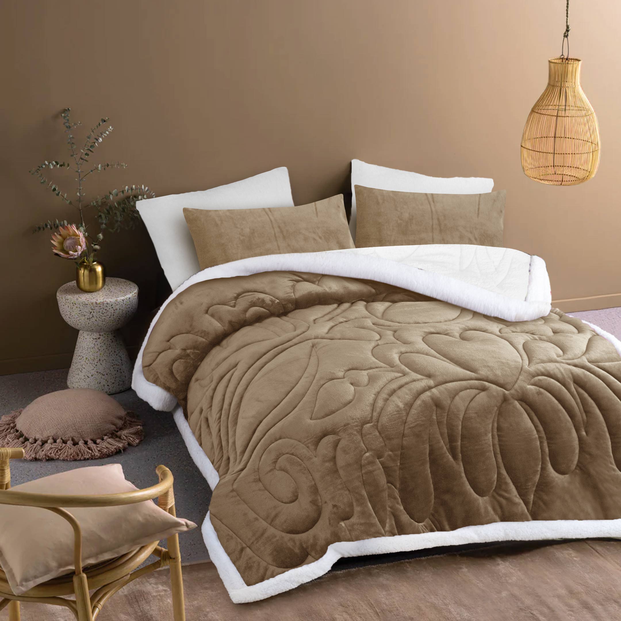 Heavy Weighted Fleece & Sherpa 6pcs Bedding Set - Sand