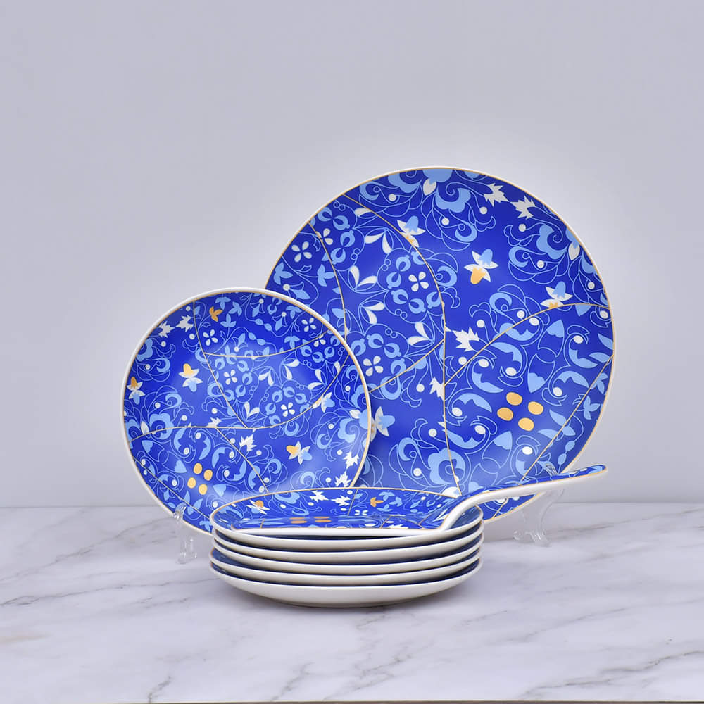 8-Pcs Navy Blue Floral Pattern Ceramic Cake Serving Set